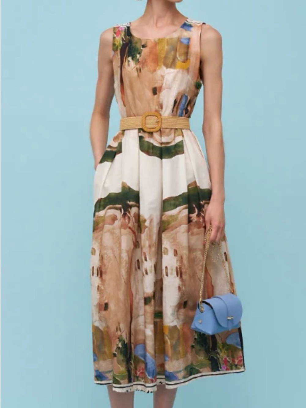 Sleeveless Painterly Midi Dress with Woven Tan Belt - Multi-Color